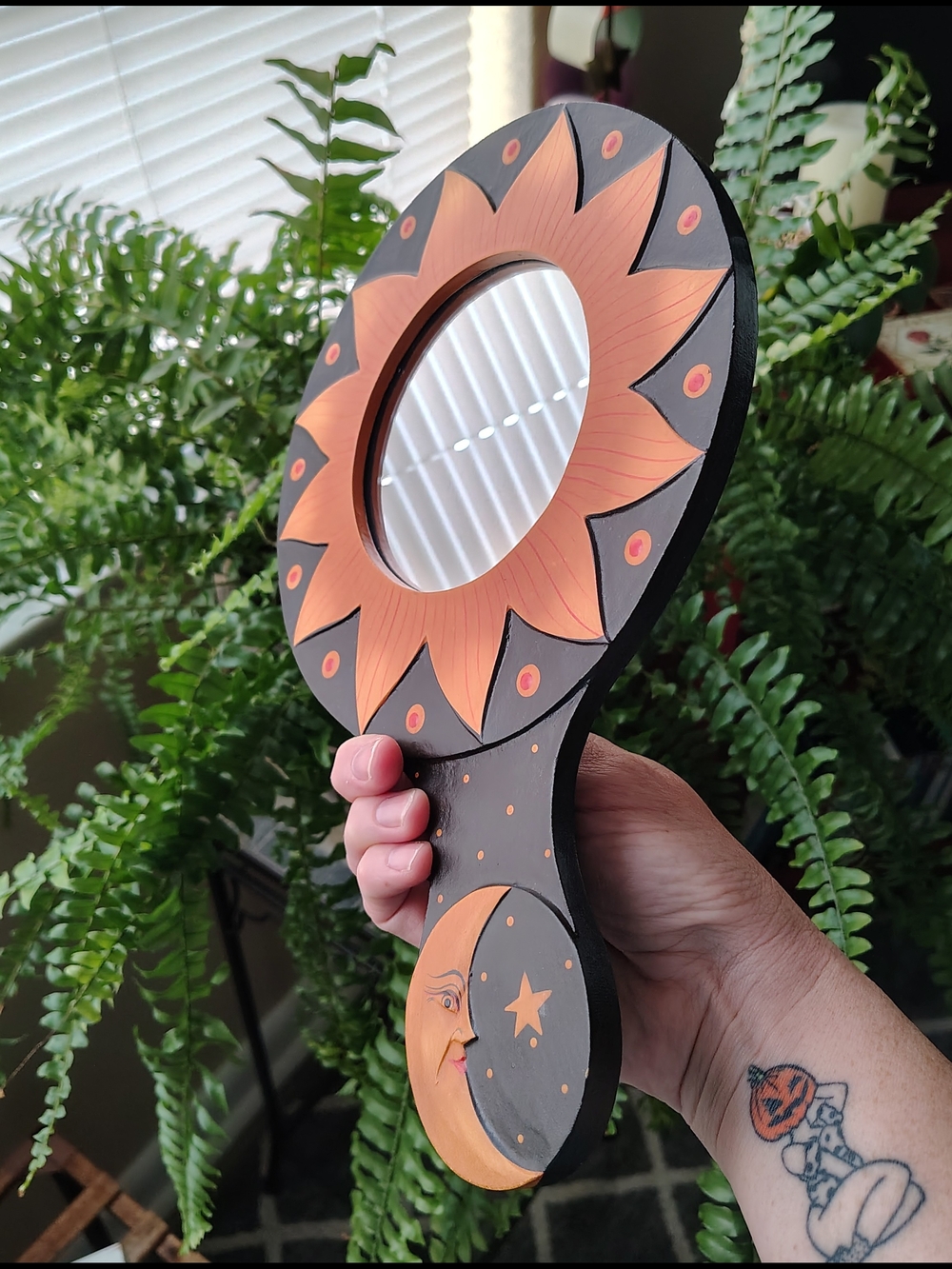 Vintage Handmade Handheld Sun & Moon Decorative Mirror - Black and Orange